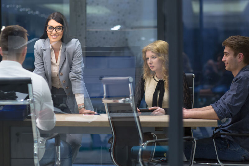 female consultant standing at conference table in business meeting