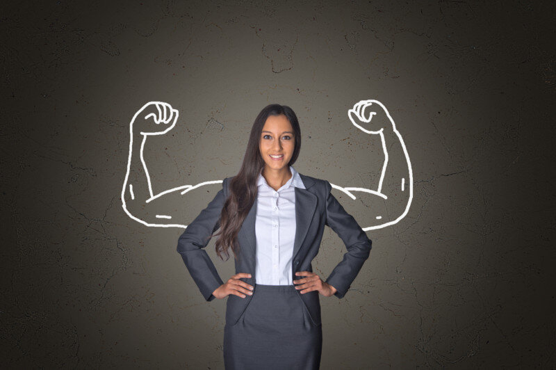 Business woman on Gray with Arm Muscles Drawing