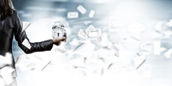 Woman With Clock and Flying Paperwork