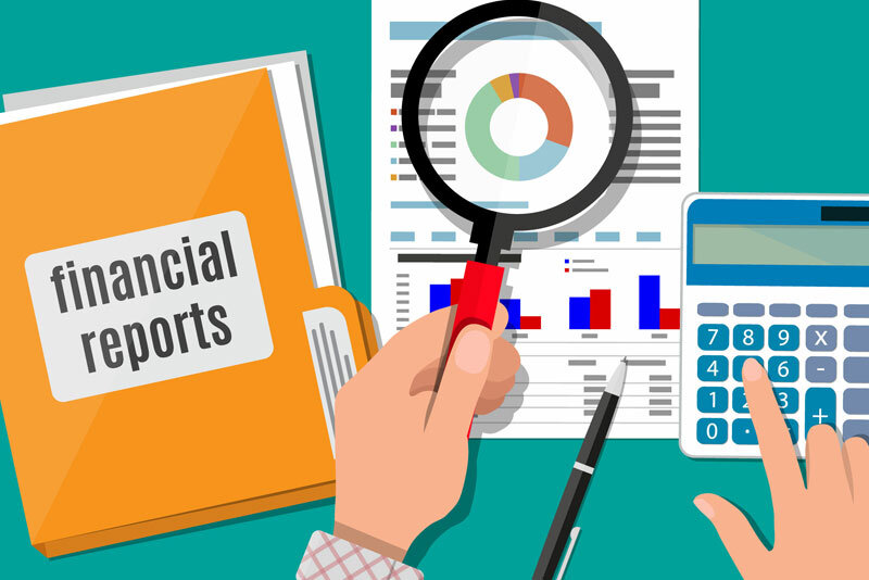 Cartoon of Financial Reports and Calculator on Desk