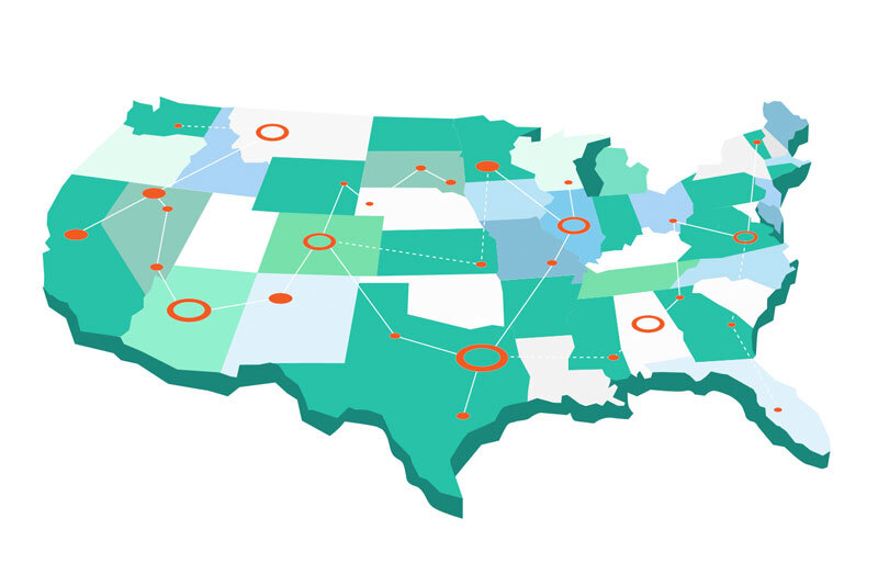 US Map of States With Connecting Dots