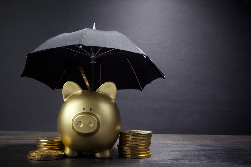 Gold Piggy Bank Under Umbrella
